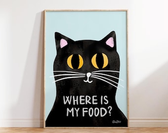 Hungry Black Cat Art Print: Funny Cat Lover Gift (Digital Download)