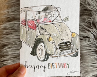 Citroën Birthday Card—Sophia Lavrov, European Car, Automobile, Watercolor, Calligraphy, Stationery