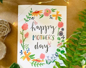 Happy Mother's Day Watercolor Greeting Card with Flowers, Flower Wreath, Spring Card, Mom Card, Gift for Mom