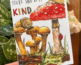 One of a Kind Watercolor Greeting Card, Mushroom Art, Snails, Garden Card, Blank Card, Handmade Card, Sophia Lavrov