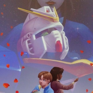 May include: A blue and white robot stands in the background with a woman in a blue dress and two children in front of it. The children are holding a small, round object. Red flower petals are falling from the sky.
