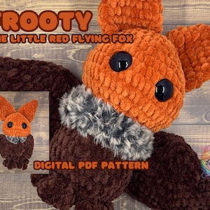 May include: A crochet pattern for a red and brown flying fox plush toy named "Frooty the Little Red Flying Fox". The pattern is available as a digital PDF download.