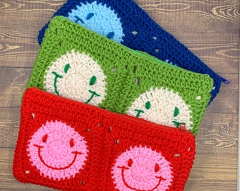 Handmade Crochet Zip Pouch Purse - Happy Face Granny Square Pencil Case