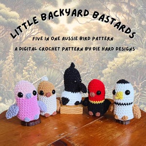 Peut inclure: Cinq jouets amigurumi d'oiseaux australiens crochetés, dont un cacatoès rose, une calopsitte brune, un kookaburra noir et blanc, un perroquet roi rouge et noir et une cacatoès blanche et noire. Les jouets sont disposés sur une table en bois avec une image de fond d'une forêt.