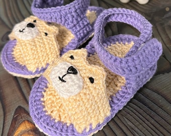 Crochet Baby Sandals with Bear for Pregnancy Announcement Baby shower gift for New Mom Footwear for Infants and Newborns Baby Sandal