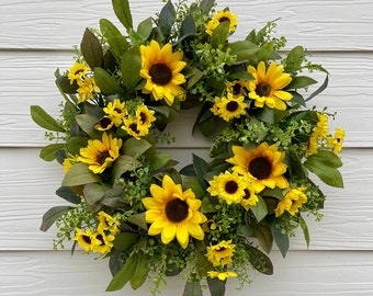 Sunflower greenery front door wreath, Summer farmhouse sunflower wreath, Sunflower and Laurel Leaf wall decor