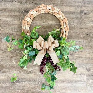 Wine Cork Wreath: Recycled Champagne Cork Art with Ivy and Burlap Bow