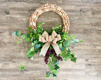 Wine Cork Wreath: Recycled Champagne Cork Art with Ivy and Burlap Bow
