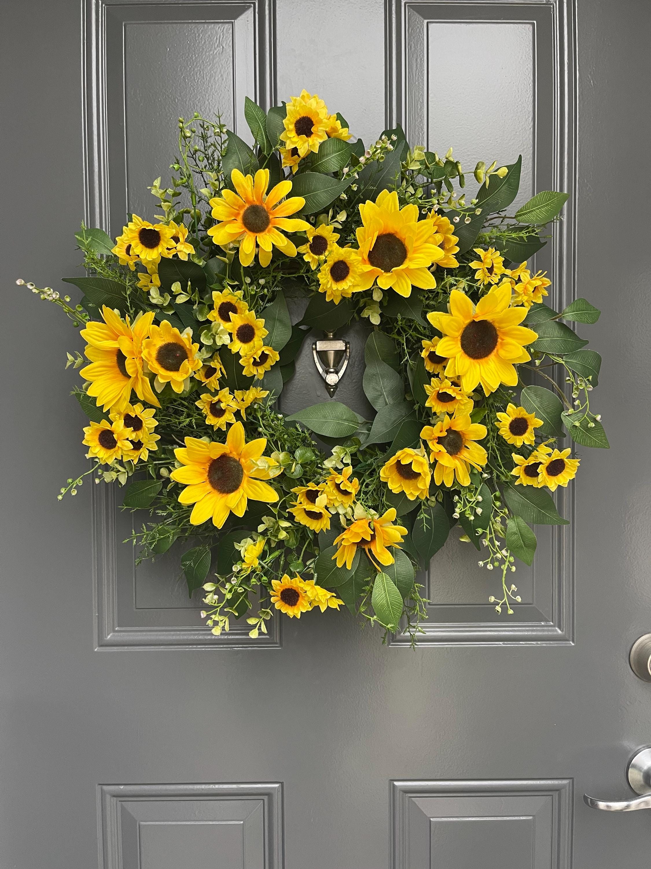 Sunflower Summer Wreath for Front Door, Bright Yellow Floral Farmhouse ...