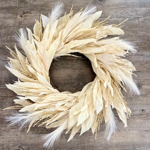 Neutral Corn Husk Fall wreath for Front door I Boho Autumn Wreath with Pampas accents I Minimalist Harvest Wall decor I Fall Farmhouse door