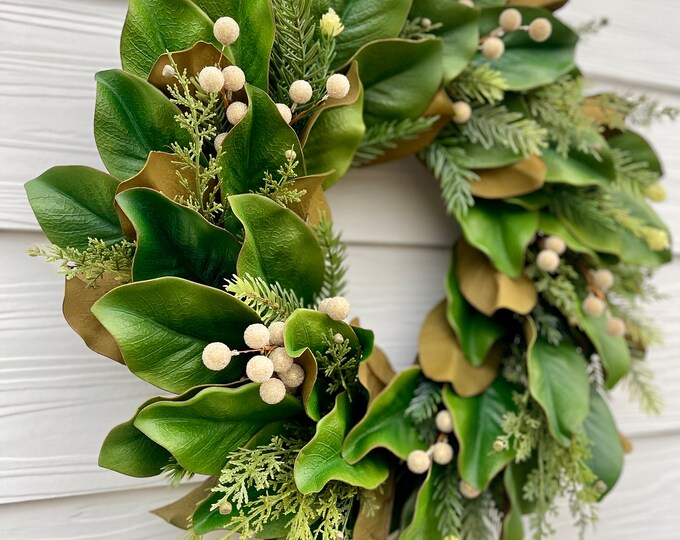 Winter Magnolia Wreath With Cedar, Pine and Iced Gold Berries, Magnolia