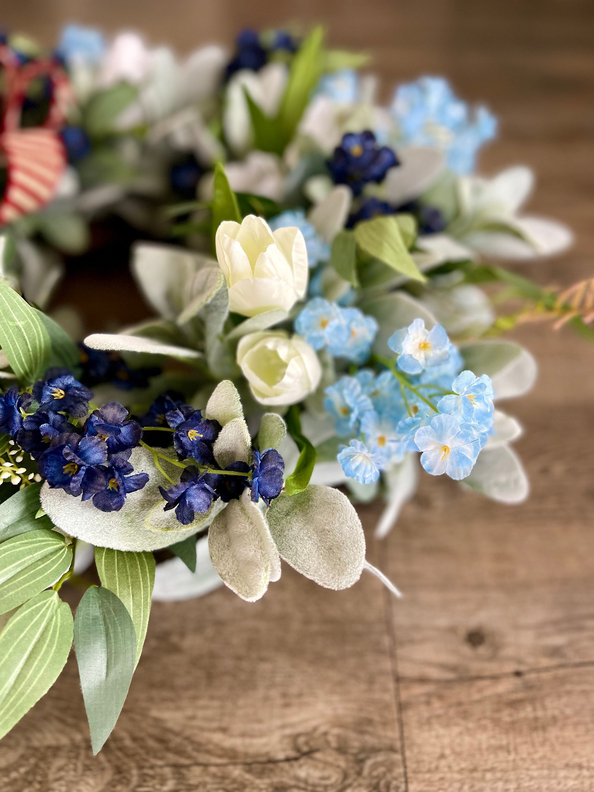 Red White and Blue Patriotic Lambs Ear Wreath Memorial Day Etsy