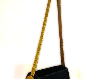 Vintage, 1972, rare, black suede with golden plates and golden strap, Harry Rosenfeld purse