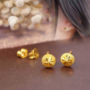 Genuine 24k Yellow Gold Stud Lucky Ball Earrings,Yellow 999 Gold Ball and Backs Tiny Small Minimalist Earrings, Simple Everyday Earrings 24k