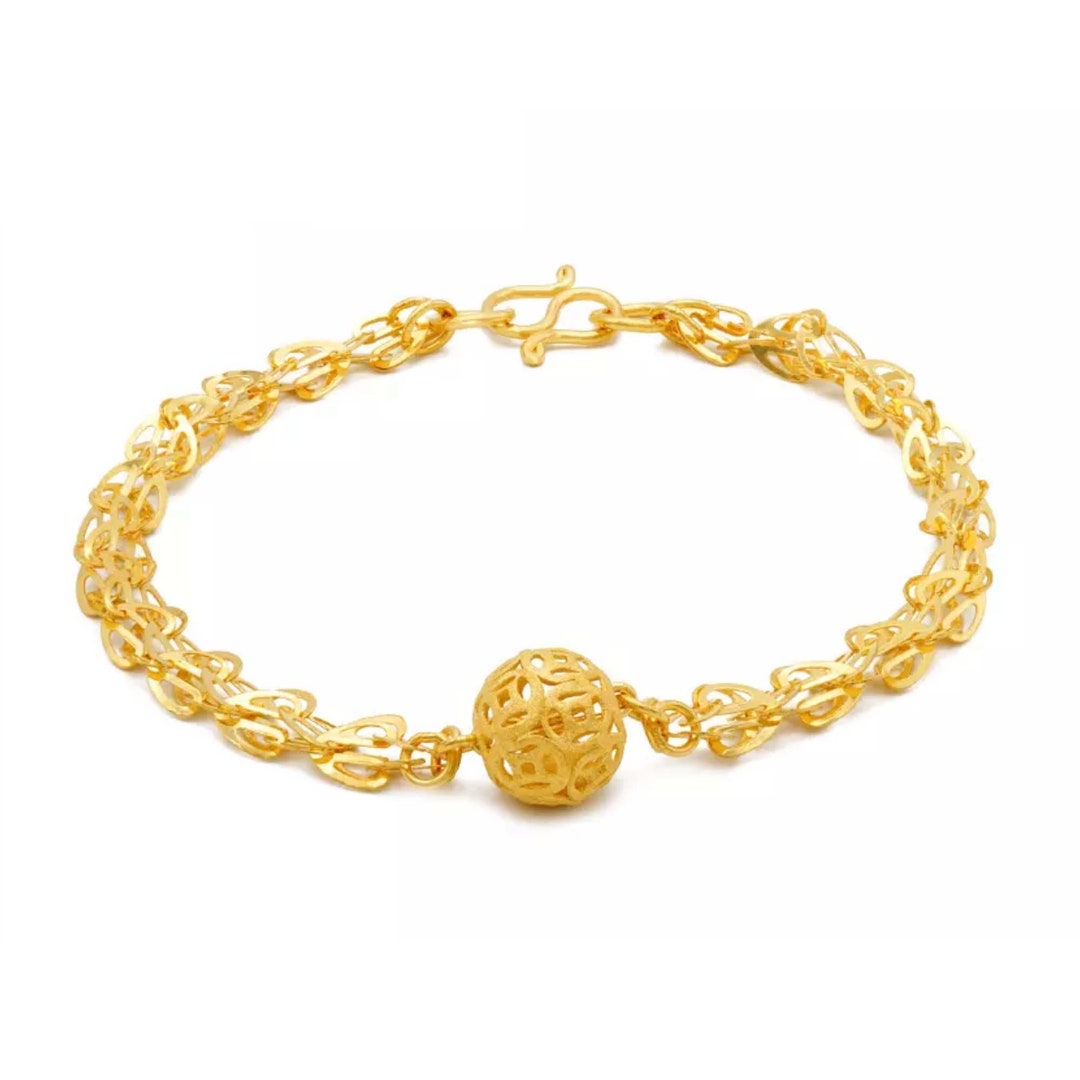 Auspicious 24k Gold Money Coin Ball Bracelet Women Solid Gold Chiness ...