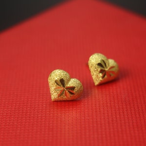 Handcrafted 24k Solid Gold Heart Stud Earring, Women's 24k Yellow Gold Heart Stud Earring, Organic Pure Gold Stud Earrings Thai Jewelry