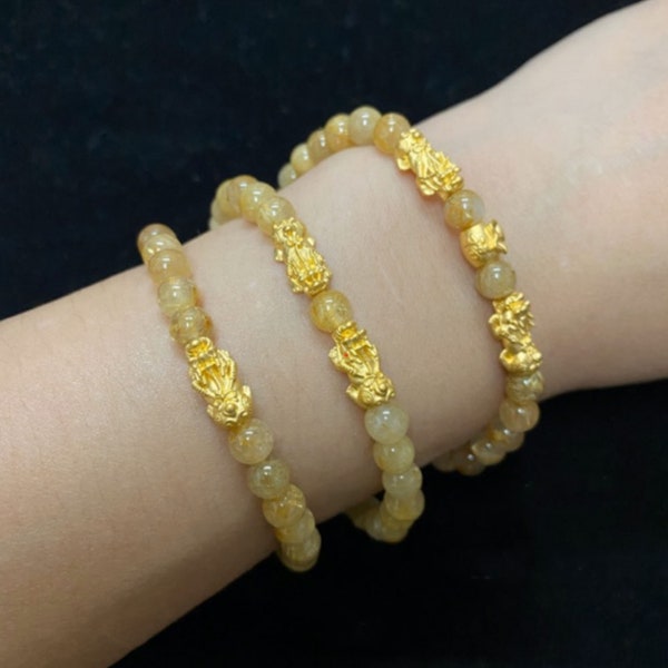 Pure Pixiu 24k Gold With Golden Rutilated Quartz Bracelet Chakra Healing Stone Motivation Venus Angel Hair Balance Aura Protection Astral