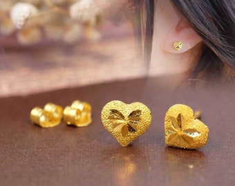 Handcrafted 24k Solid Gold Heart Stud Earring, Women's 24k Yellow Gold Heart Stud Earring, Organic Pure Gold Stud Earrings Thai Jewelry