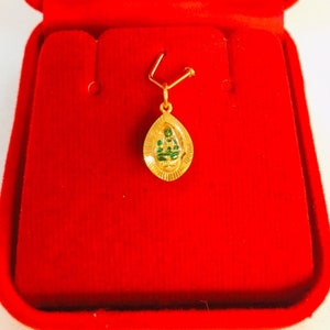 Thai Emerald Buddha Pendant 18k Gold Case, Phra Kaeo Morakot Gold Pendant Emerald Jade Green Spiritual Jewelry for Good Fortune, Wealth