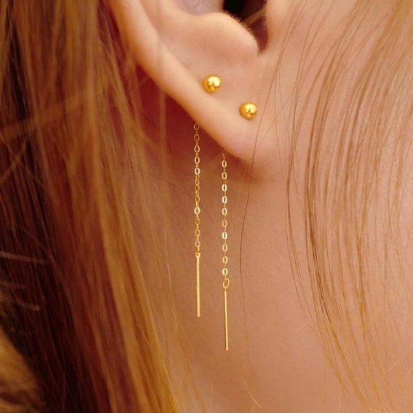 20k Solid Gold Long Threader Earrings,Threader Earrings 20K,Cube Threader Dangle Earrings,Real Gold Earring, Small Gold 20K Cluster Earrings