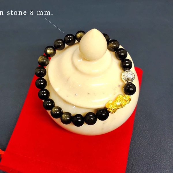 Feng Shui Black Obsidian Wealth Bracele,Pixiu 24K Pure Gold Bead Bracelet 8MM,Good Luck Finance & Protection Can Bring Luck and Prosperity