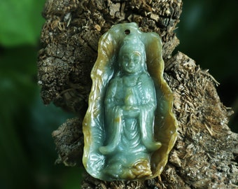 2" Beautiful Guanyin Natural Honey-Green Myanmar Jadeite Jade Pendant,Hand carved Real Jade Buddha Pendant Forgiveness, Wealth Success Magic