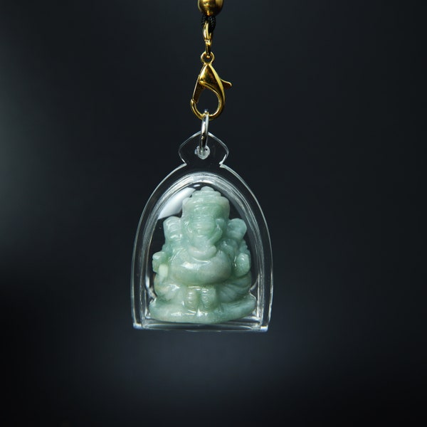 Crafted Carved Son of Lord Shiva Myanmar Jade with Acrylic frame, Apple-Green Jadeite Jade Ganesh Pendant, Ganesha Pendant, God Meditation