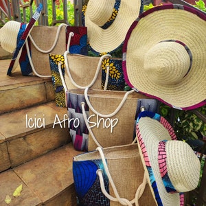 Wholesale ! 10 Bag Sets) - Jute & Ankara handbags with matching hats, Ankara bags, beach bags,Summer bags