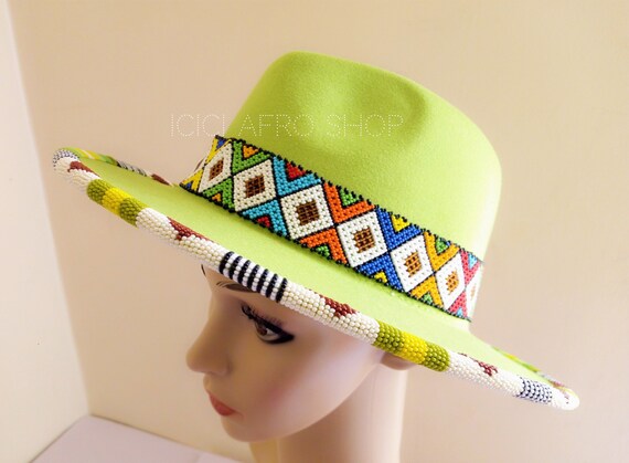 LIME GREEN or BROWN Beaded Fedora Hat 