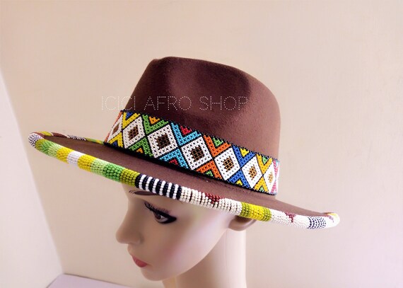 LIME GREEN or BROWN Beaded Fedora Hat 