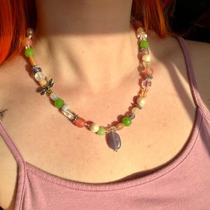 Handmade pastel beaded necklace, glass bead necklace, handmade jewelry, dragonfly necklace, funky jewelry, funky handmade jewelry