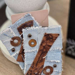 Boho Denim Leather Earrings - Upcycled Blue Jean Jewelry - Casual Denim - Trendy - Unique Denim Gift - Leather - Handmade