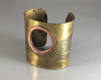 Very Wide Cuff Bracelet, Embossed Lace Design on Brass with Copper Rivet Hole, by Monica Putter