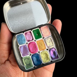 Handgemaakt aquareltesterpakket - set van 12 minipannetjes - proefpakket metallic en kleurverschuiving | Chroomwaterverf | Voorbeeld kalligrafie-inkt