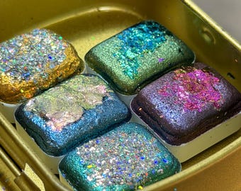 Supernova Palette – 5 Quarter Pan Metallic Watercolors with Holographic Shifters (Handmade)