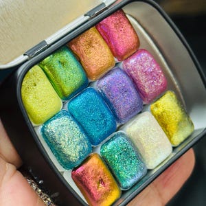 Magic Colourshifting Watercolor tester pack -Set of 12/24 - mini pans,  Handmade Paint,Metallic , Gifts , Lettering, Calligraphy / Chameleon