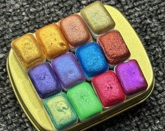 Shimmer Watercolours Tester Pack of 12/24 mini pans  - Handmade Watercolor ,Metallic Paint,Gift For Artists, Art Supplies, Mica Paint