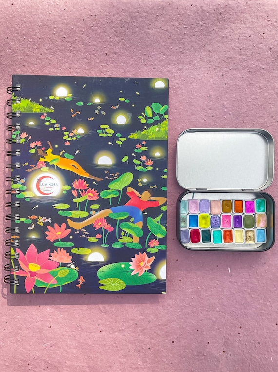 Handmade Watercolours Gift Combo, sparkly watercolours, 300GSM paper, metallic paints, colorshifting, dot samples, mini pans