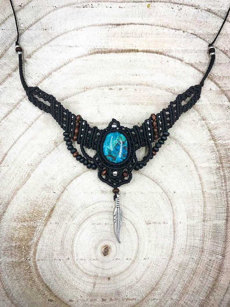 Handmade black macrame necklace with chrysocolla stone wooden beads and silver brass leaves and beads