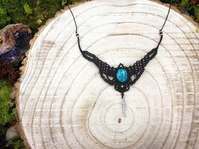 Handmade black macrame necklace with chrysocolla stone wooden beads and silver brass leaves and beads