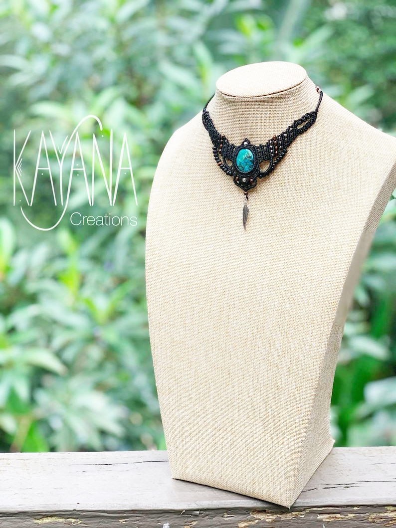 Handmade black macrame necklace with chrysocolla stone wooden beads and silver brass leaves and beads
