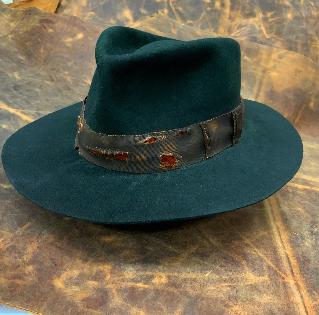 Emerald Green Fedora With Distressed Grosgrain Velvet Band Etsy