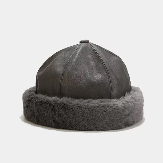 Grey Faux Leather Faux Fur Brim Bucket 