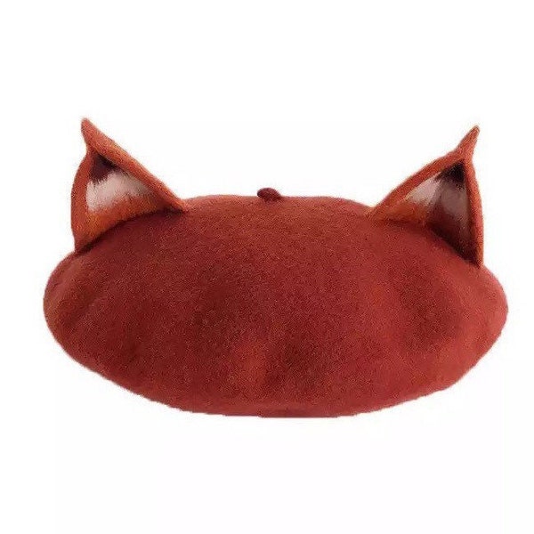 Fox baret hoed | Vossenoren | Kawaii-hoed | Baskische barethoed | Echte wol | Franse hoed| Muts