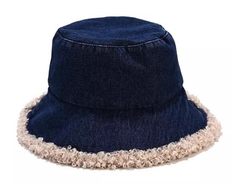 Blue Denim Teddy Trim Bucket Hat Plush 