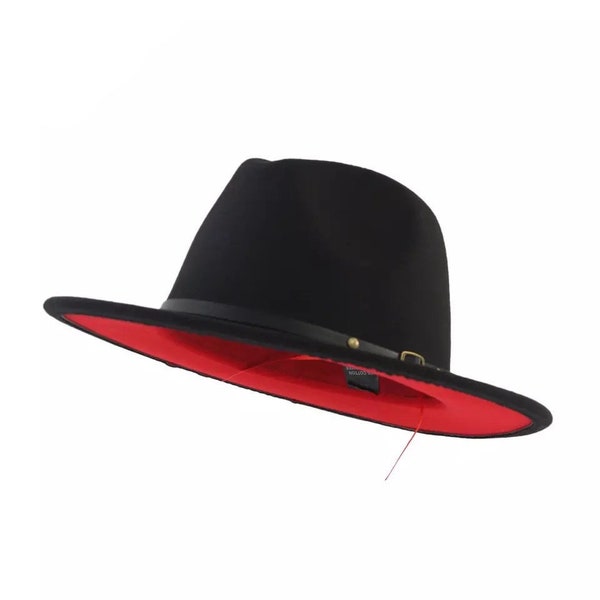 Chapeau Fedora à fond rouge | Boucle | Chapeau de feutre | Chapeau de cowboy | Larges bords | Sun Hat | | d’hiver Automne | Classe