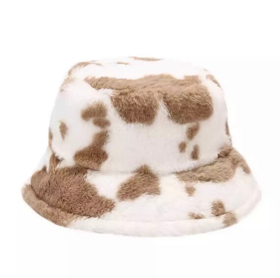Brown Cow Plush Faux Fur Bucket Hat 