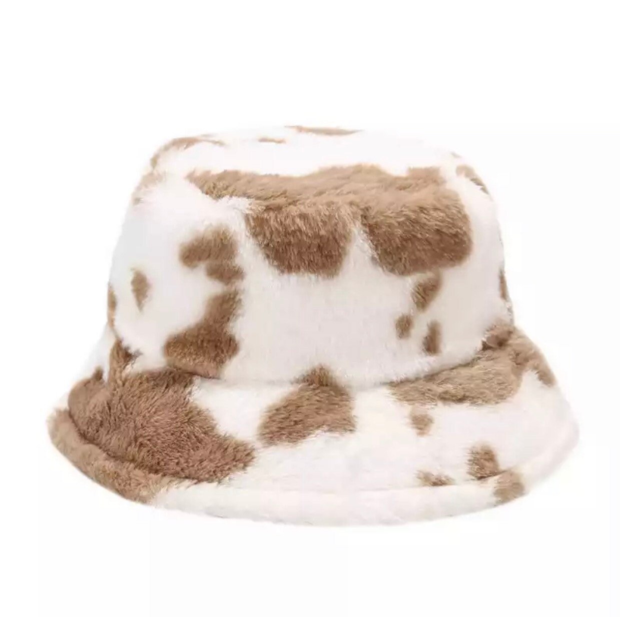 Brown Cow Plush Faux Fur Bucket Hat 