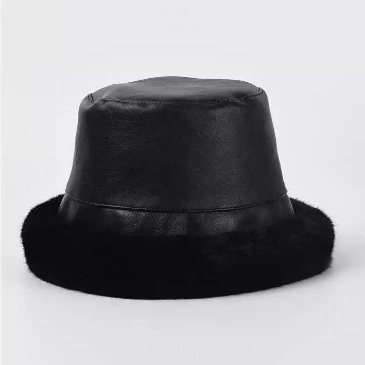 Black Faux Leather Faux Fur Brim Bucket 
