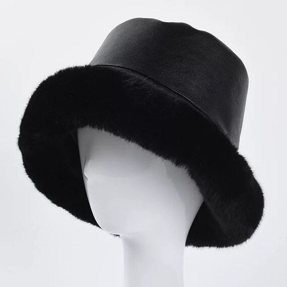 Black Faux Leather Faux Fur Brim Bucket 